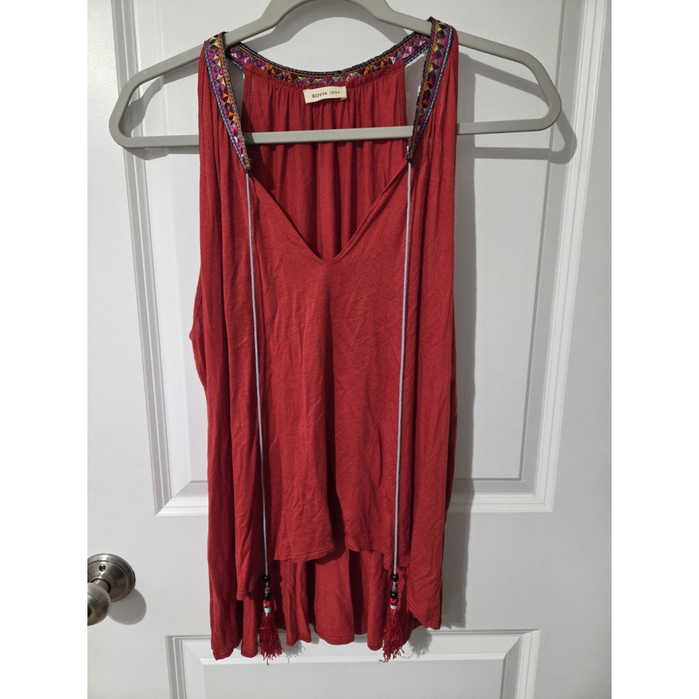 Hippie Chic Sleeveless Tunic Top XL Tassels Boho Beachy Cottagecore Embroidered